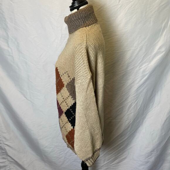 Vintage Midnight Blues Women's Argyle Turtleneck Sweater Large Knitted by Hand - Picture 6 of 10